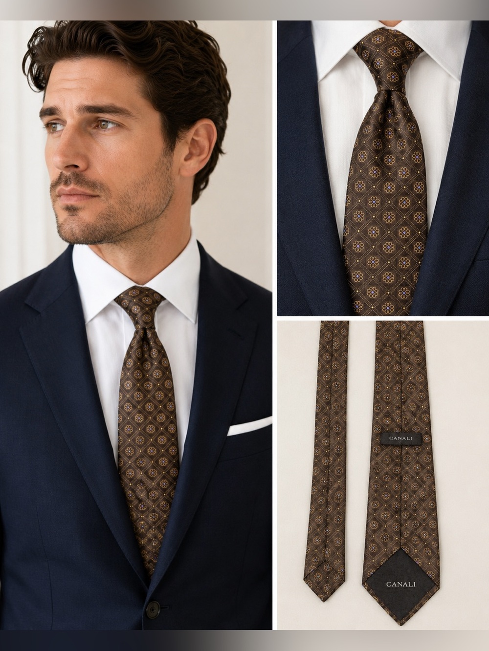 Canali Italy 100% Silk Tie Brown Geometric Floral Medallion Luxury Designer Tie